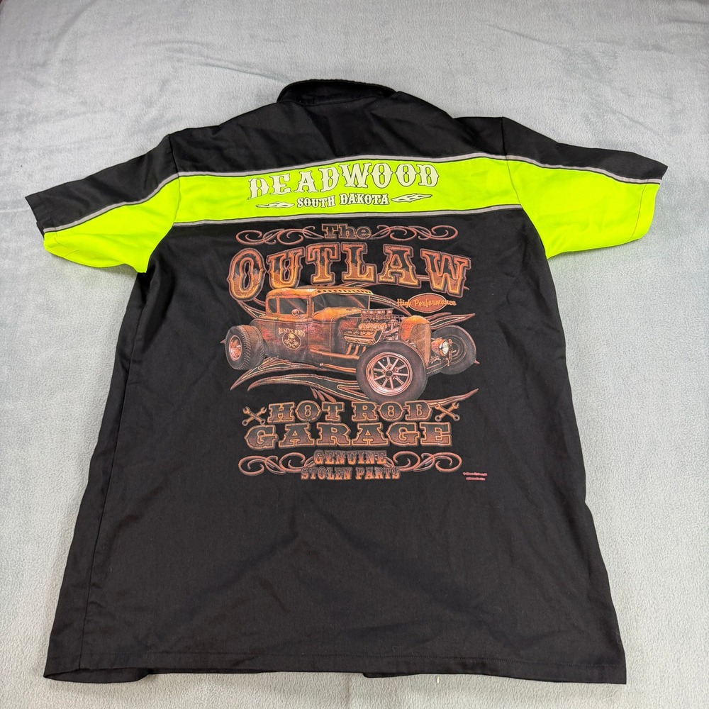 Biker Apparel Deadwood South Dakota Hot Rod Garage Work Shirt Black Neon Large
